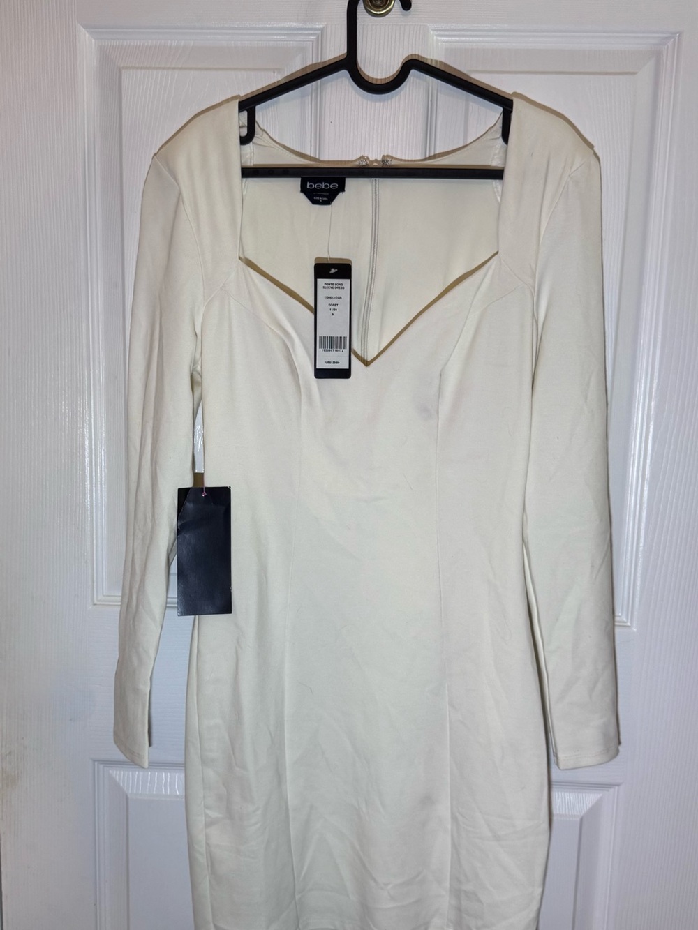 bebe Off-White Long Sleeve Sweetheart Dress